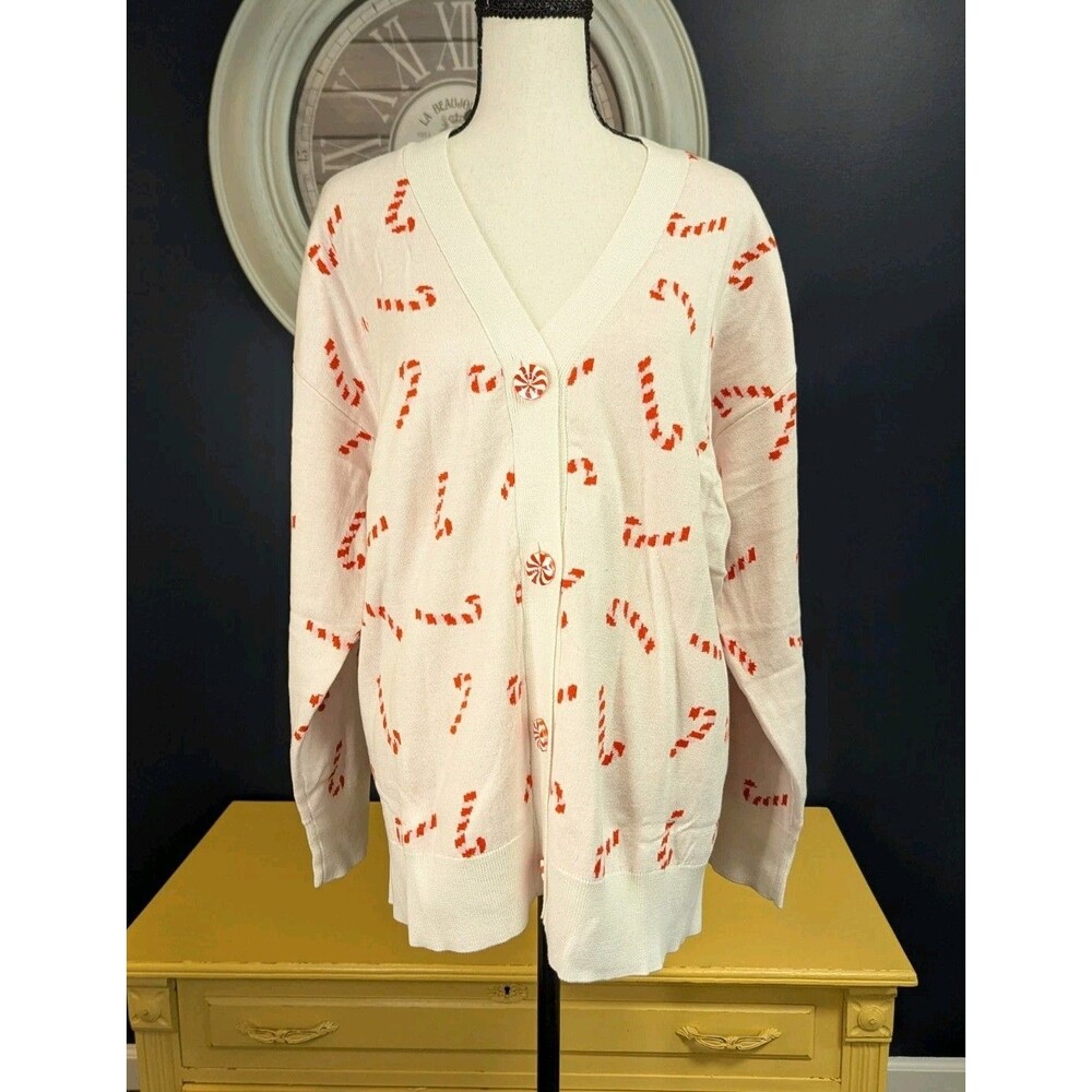 Holiday Cardigan Sweater Women's XL Red White Candy Canes Button Up Thick NWT